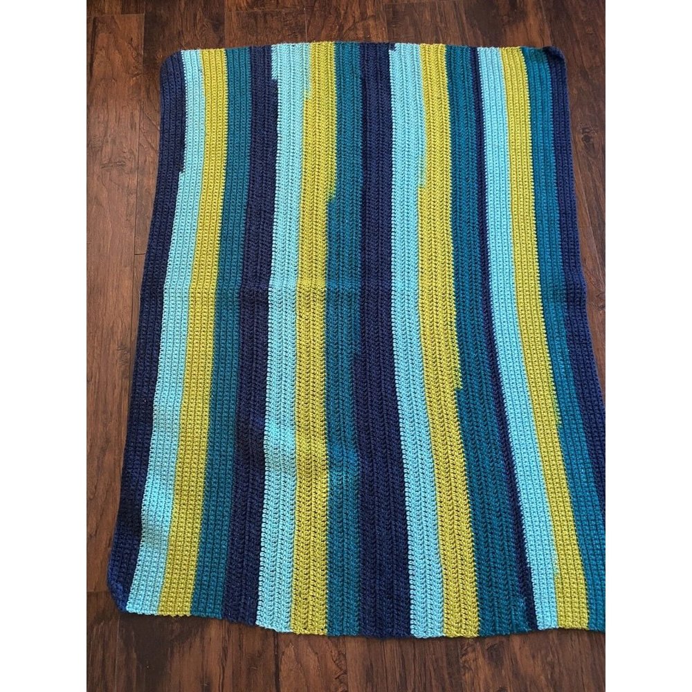 Handmade Crochet Afghan Throw Blanket Vintage Blue Green Stripes 4’ X 3’